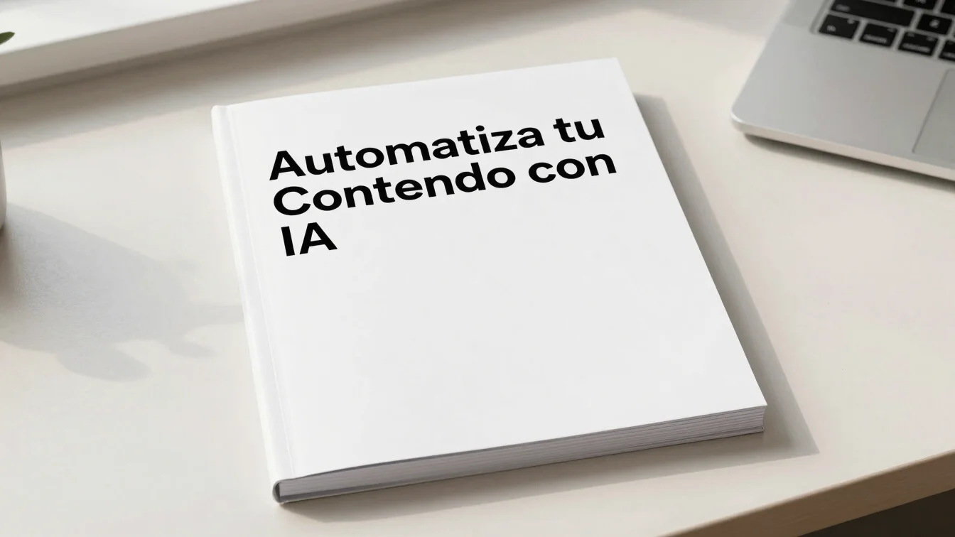 Mockup of a sleek digital PDF guide cover titled 'Automatiza tu contenido con IA', on a clean minimalist workspace, brig