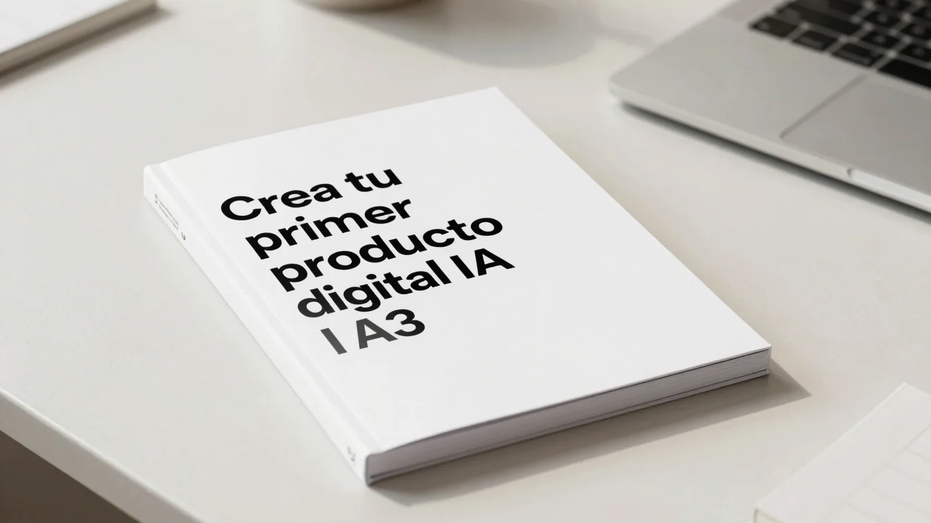Mockup of a sleek digital PDF guide cover titled 'Crea tu primer producto digital IA', on a clean minimalist workspace,