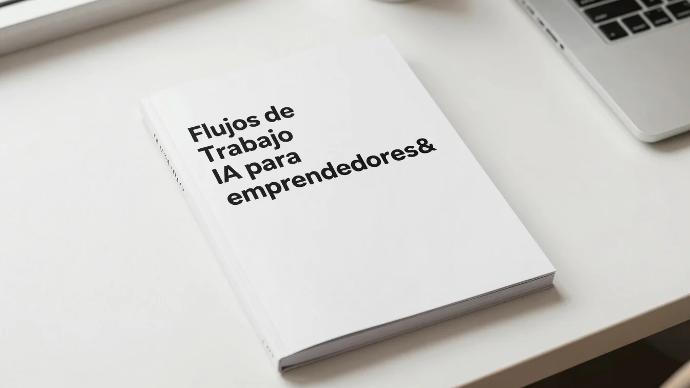 Mockup of a sleek digital PDF guide cover titled 'Flujos de trabajo IA para emprendedores', on a clean minimalist worksp