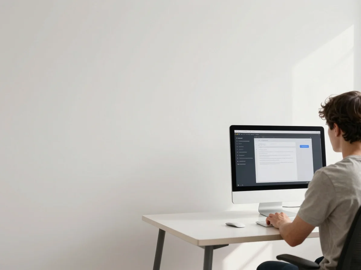 Wide shot of a modern, clean minimalist workspace with bright natural daylight, a person working concentrated in front o