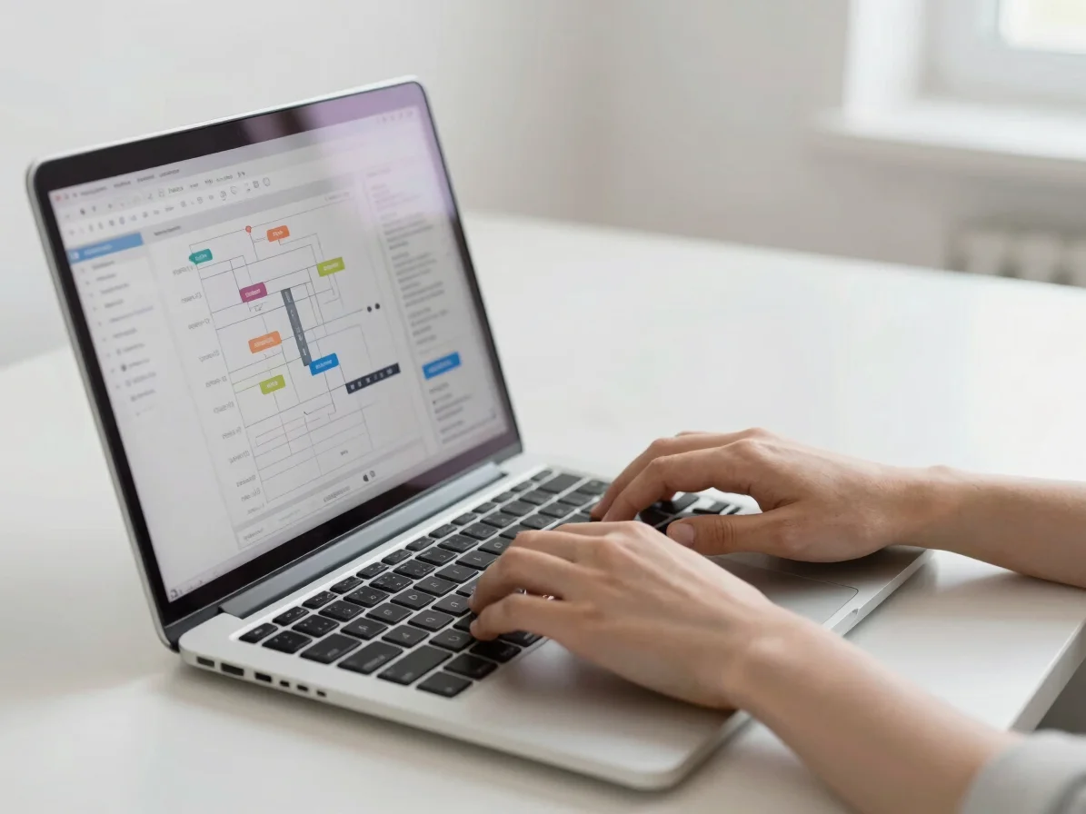 Close up of hands typing on a modern laptop keyboard in a bright minimalist workspace, digital interface showing a produ