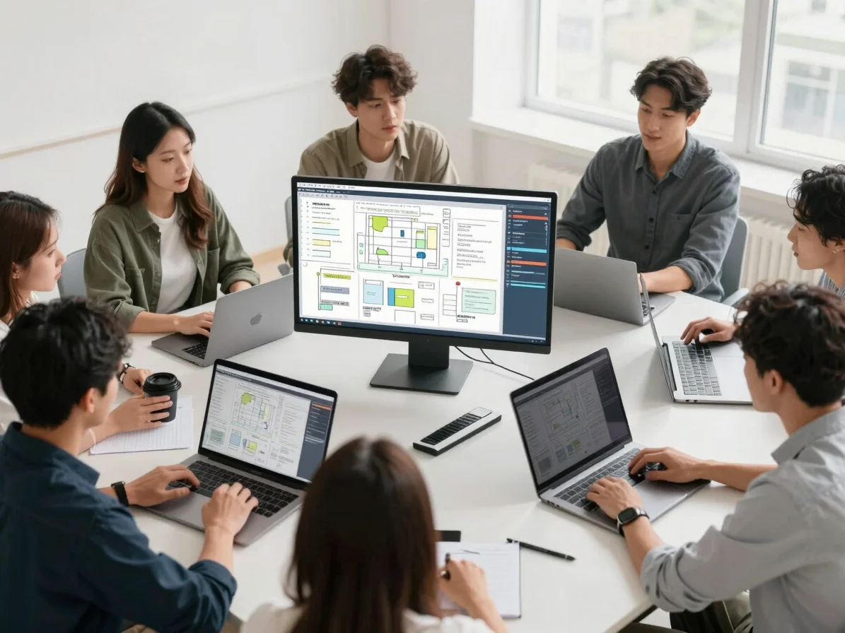 Overhead shot of a team collaborating around a table with laptops and digital screens showing workflow diagrams, bright