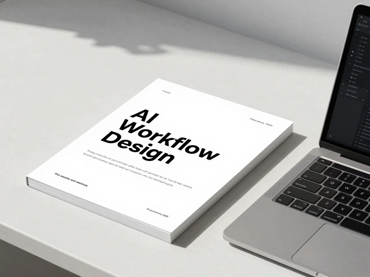 Clean mockup of a PDF guide titled 'AI Workflow Design' on a minimalist desk, next to a laptop displaying a complex digi